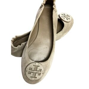 Tory Burch Minnie Suede Leather Travel Ballet Flat Taupe Medallion Logo Size 6.5